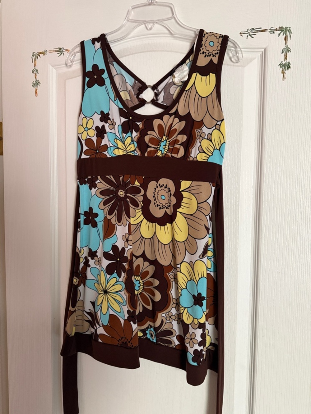 Floral Empire-Waist Tank Top in Brown & Turquoise